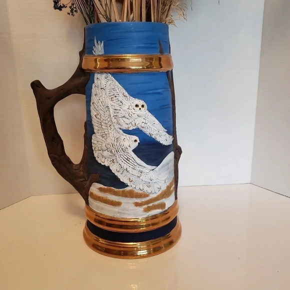Large Vintage 90s Pottery Stein With Flying  Snow Owls and Tree Branch Handle. - Picture 5 of 9